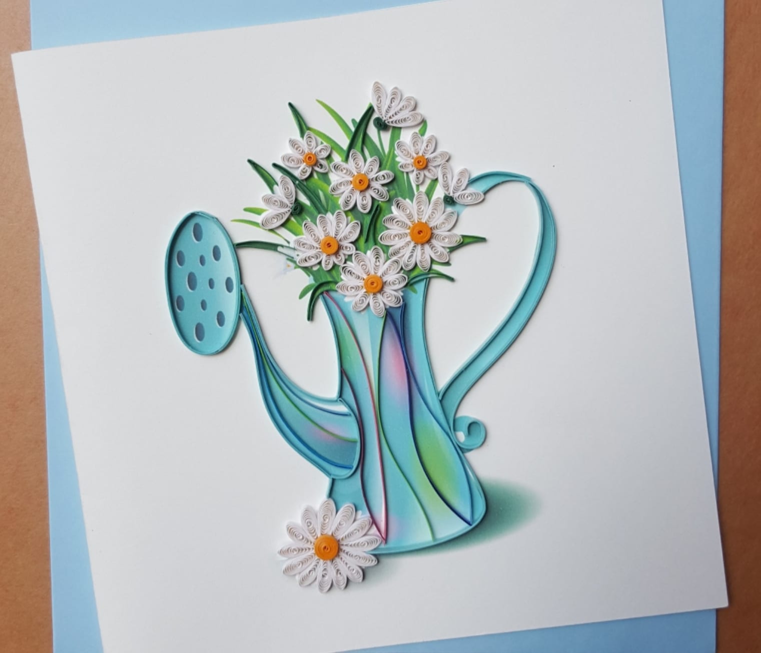 White Daisies in Watering Can Quilling Q7465